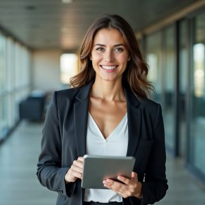 woman with a tablet in her hand smiling