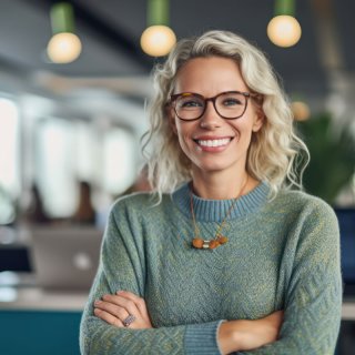 Woman with glasses and blonde hair stands in an open-plan office and smiles